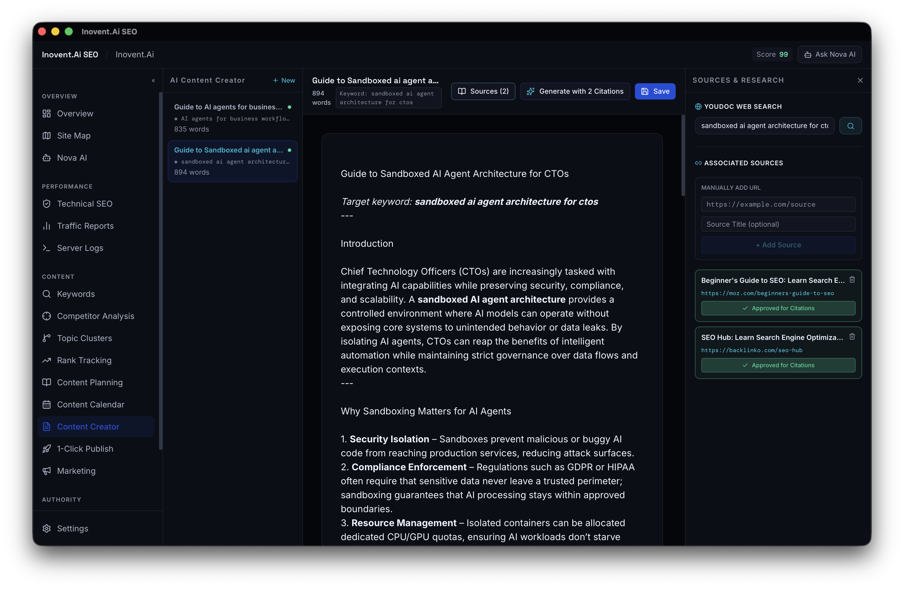AI content generation panel showing article draft alongside content brief with keyword targets